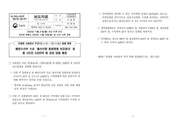 시설공사 주간(’22.11.21.~'22.11.25.) 입찰 동향(조달청) 시설공사 주간(’22.11.21.~'22.11.25.) 입찰 동향(조달청)