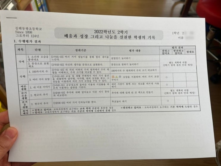 [1학년-교사교육과정 11.18.(금) 153일차] 수행평가 가정 중간통지(학부모 의견, 잘함 보통 노력요함→잘하고 있어요 발전하고 있어요 힘내요)(김해동광초등학교 1학년 2반)