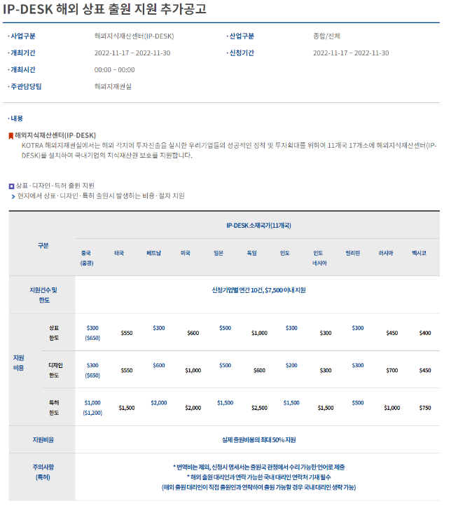 IP-DESK 해외 상표 출원 지원 추가 공고 IP-DESK 해외 상표 출원 지원 추가 공고