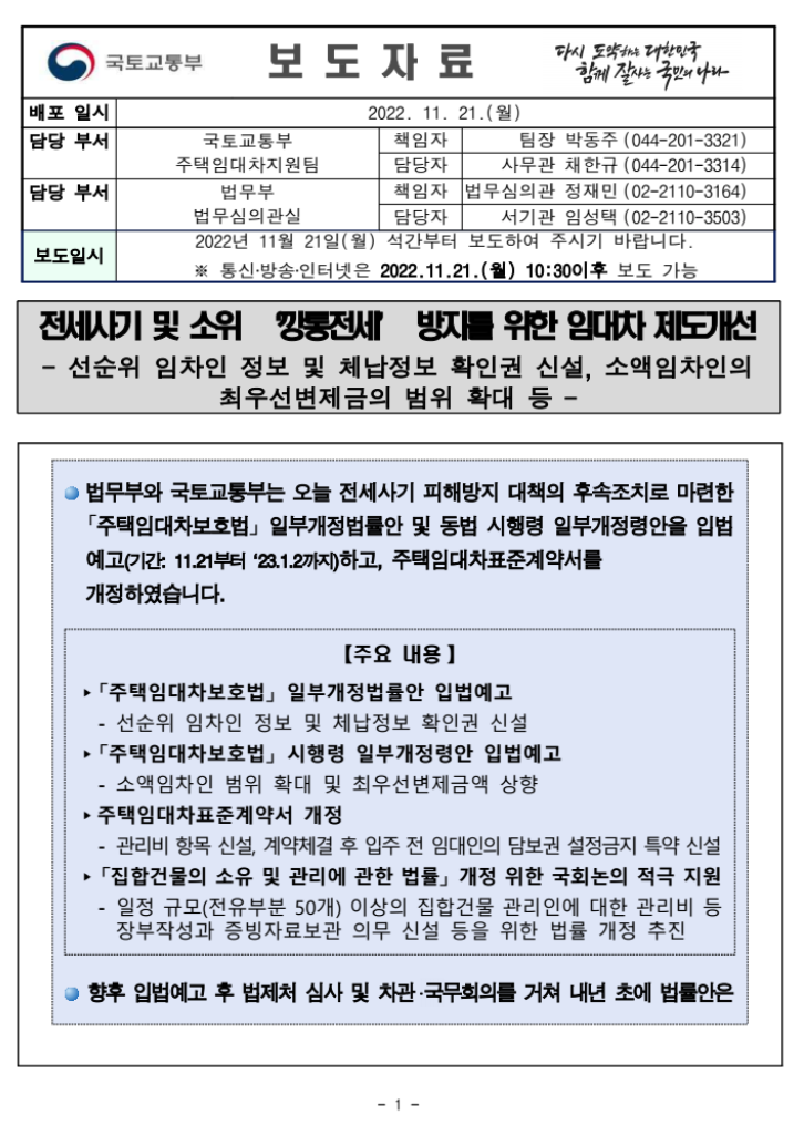  전세사기 및 소위 ‘깡통전세’ 방지를 위한 임대차 제도개선(국토부 보도자료)