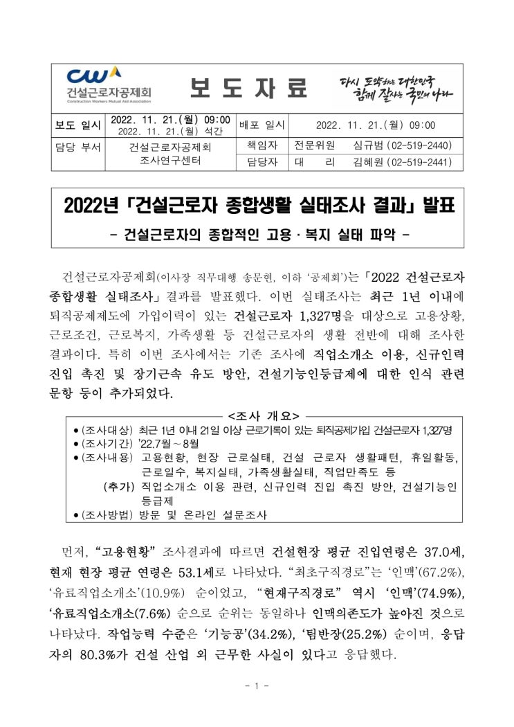 2022년 “건설근로자 종합생활 실태조사 결과” 발표(고용노동부) 2022년 “건설근로자 종합생활 실태조사 결과” 발표(고용노동부)