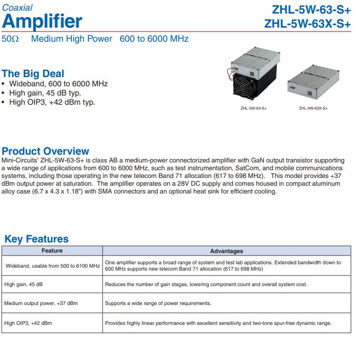  미니써킷 Minicircuits  Amplifier (600~6000MHz)  ZHL-5W-63-S+, ZHL-5W-63X-S+