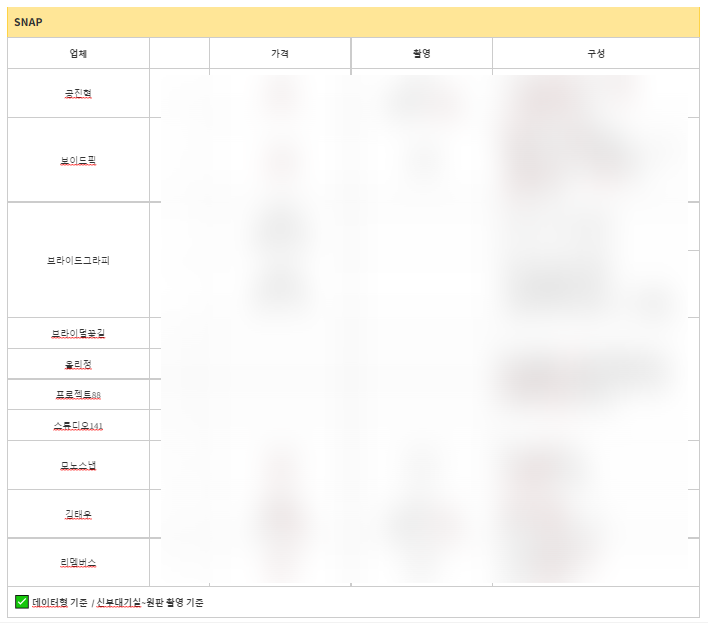  W5. 웨딩 본식 스냅 업체 비교 (공진혁포토, 브라이덜꽃길, 보이드픽, 브라이드그라피, 올리정, 프로젝트88, 스튜디오41, 김태우, 모노스냅, 리멤버데이)