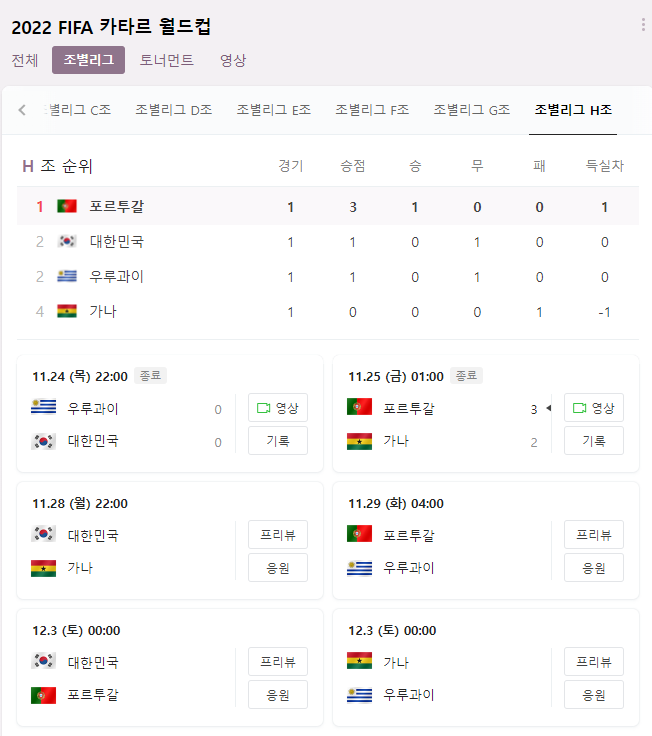  대한민국 카타르 월드컵 일정표