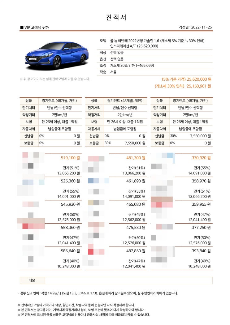 2022 아반떼 1.6 가솔린 인스퍼레이션 장기렌트 모의견적 출고기간 즉시출고 가격표