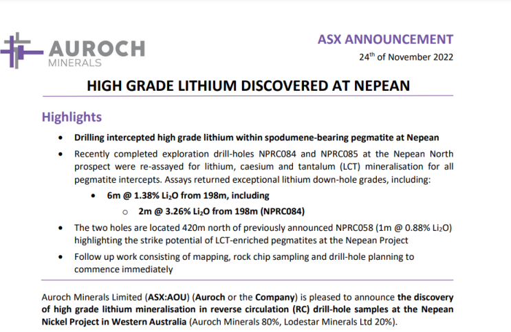 호주 리튬 탐사 회사 Auroch Minerals, 서호주 Nepean 프로젝트 고품위 리튬 확인