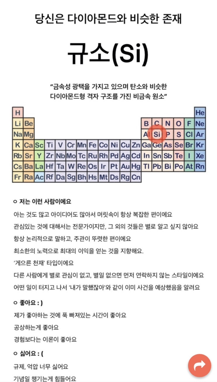  INTP의 화학원소 성격테스트 (링크 첨부)
