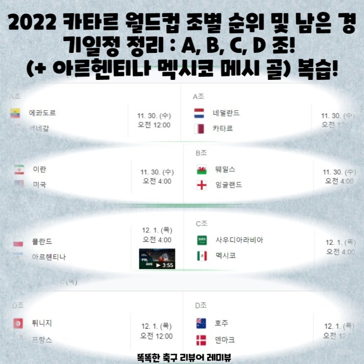 2022 카타르 월드컵 조별 순위 및 남은 경기일정 정리 : A, B, C, D 조! (+ 아르헨티나 멕시코 메시 골) 복습! 2022 카타르 월드컵 조별 순위 및 남은 경기일정 정리 : A, B, C, D 조! (+ 아르헨티나 멕시코 메시 골) 복습!