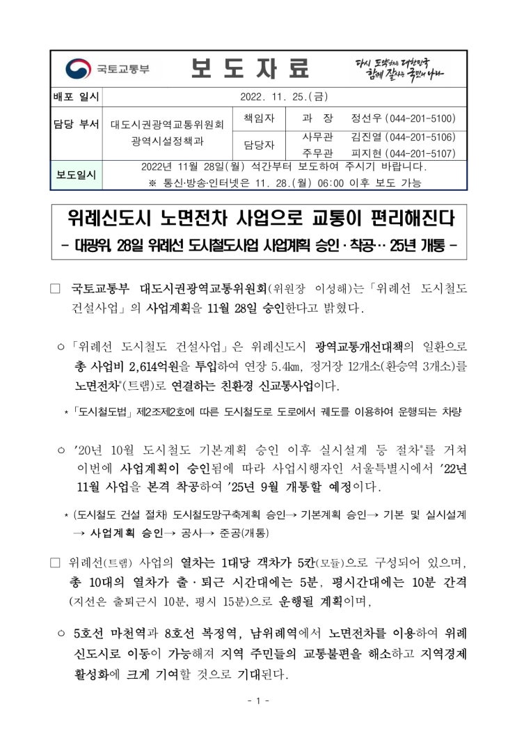 위례신도시 노면전차 사업으로 교통이 편리해진다(국토교통부) 위례신도시 노면전차 사업으로 교통이 편리해진다(국토교통부)