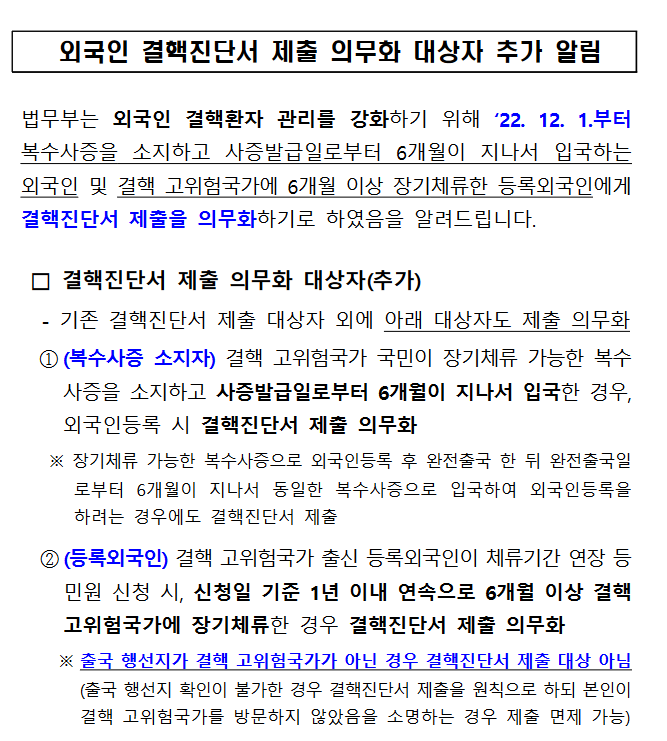  외국인 결핵진단서 제출 의무화 & 결핵 고위험국가