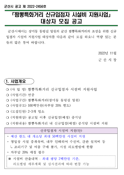 2022년 4차 전라북도 군산시 짬뽕특화거리 신규입점자 시설비 지원사업 대상자 추가모집 공고 2022년 4차 전라북도 군산시 짬뽕특화거리 신규입점자 시설비 지원사업 대상자 추가모집 공고