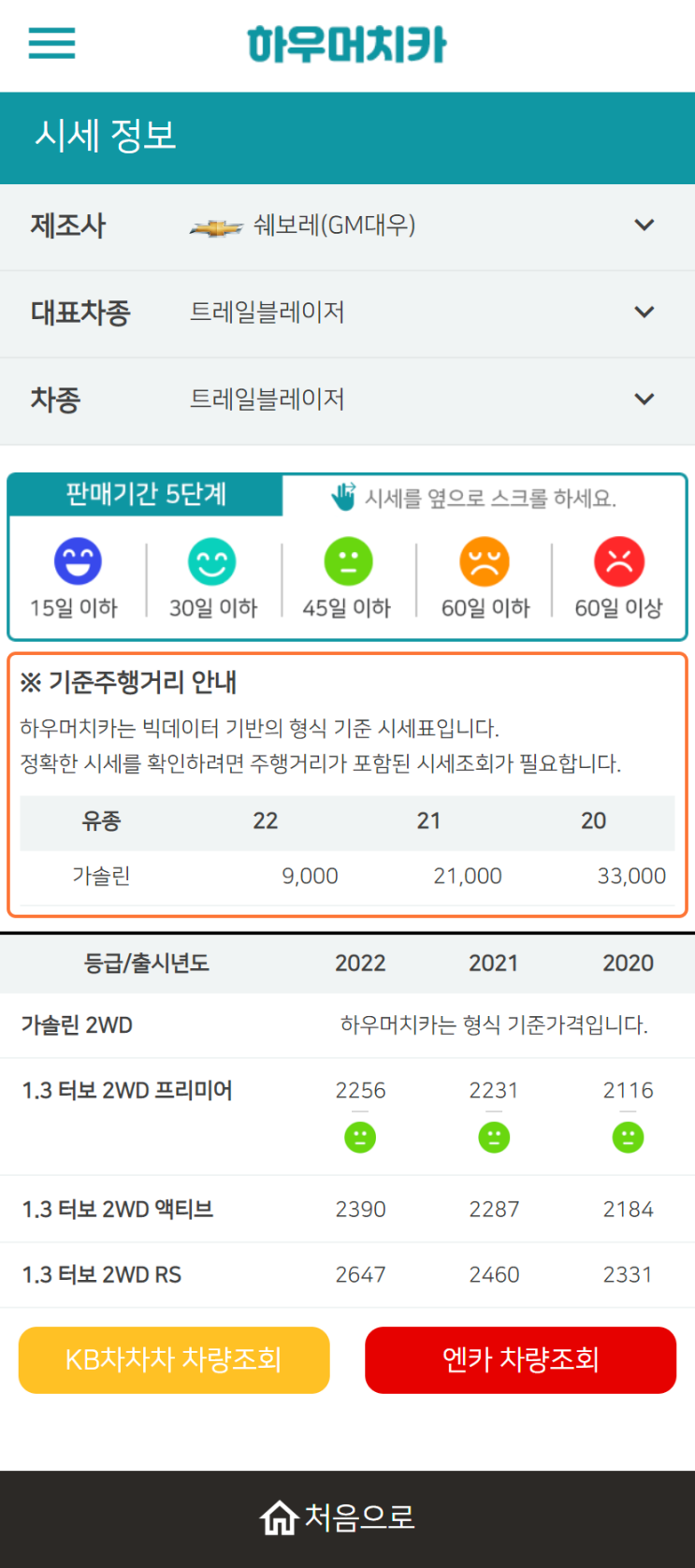 하우머치카 2022년 11월 트레일블레이저 중고차시세.가격표 하우머치카 2022년 11월 트레일블레이저 중고차시세.가격표