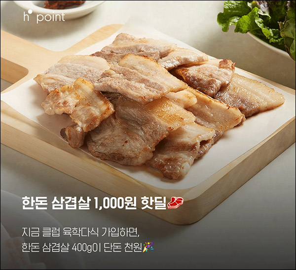 H포인트 현대백화점 삼겹살 400g 1,000원구매 쿠폰 전원증정 H포인트 현대백화점 삼겹살 400g 1,000원구매 쿠폰 전원증정