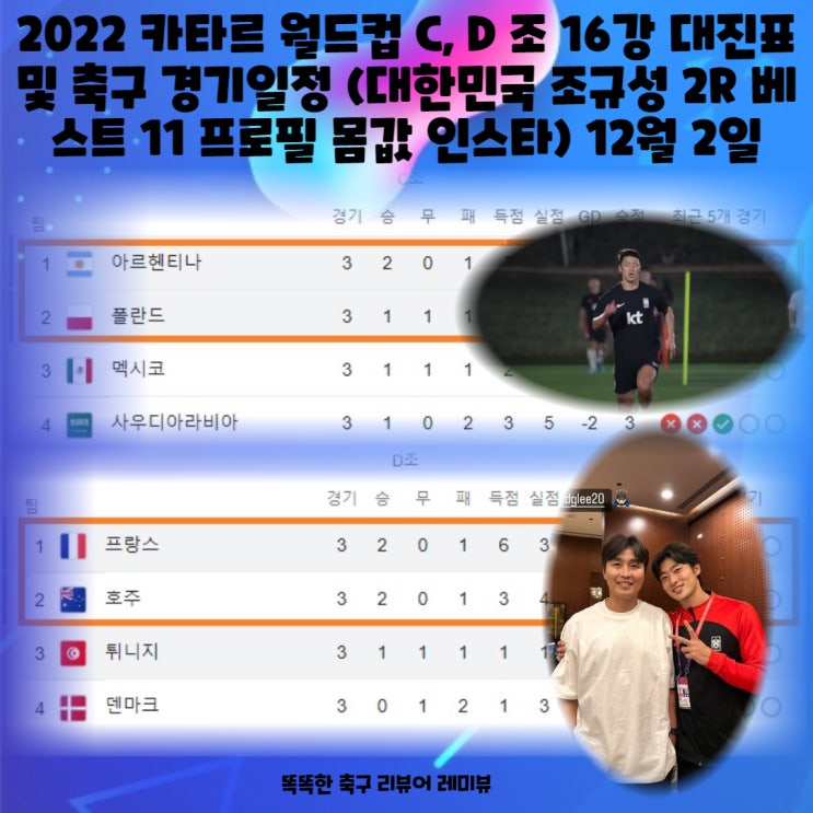 2022 카타르 월드컵 C, D 조 16강 대진표 및 축구 경기일정 (대한민국 조규성 2R 베스트 11 프로필 몸값 인스타) 12월 2일