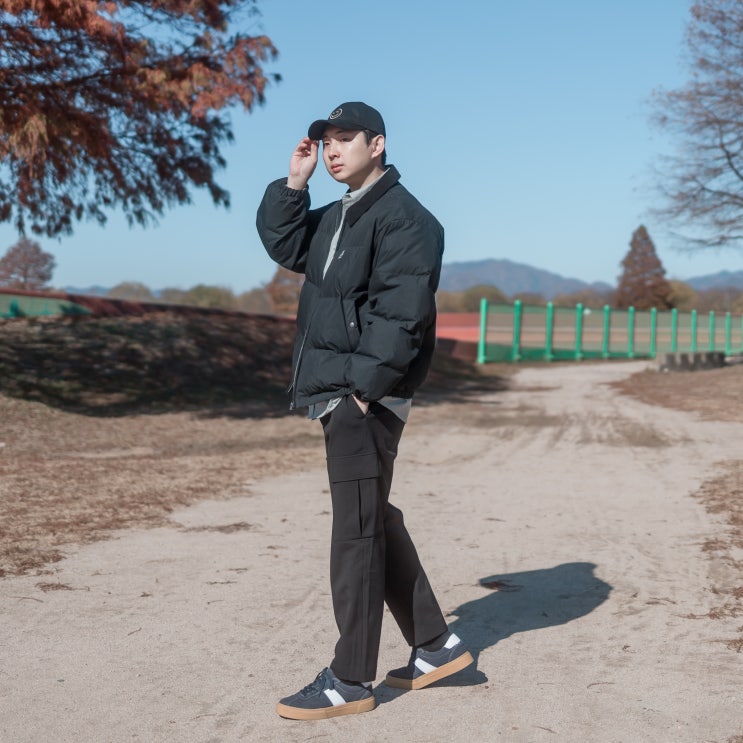  제로라운지 기모 스트링 카고 팬츠, 편안한 남성 겨울 스판바지