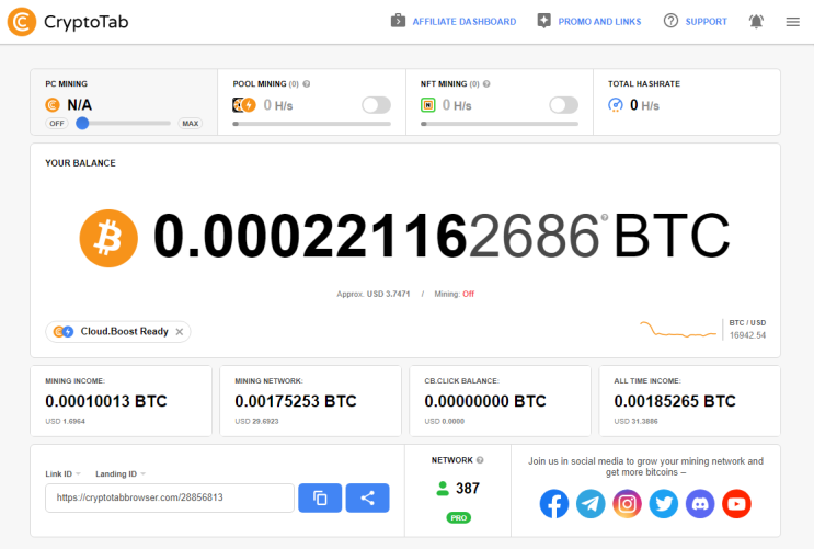 크립토탭 CryptoTab 브라우저를 통한 비트코인 채굴 현황 및 채굴 네트워크 387명 (2022.12.03) 크립토탭 CryptoTab 브라우저를 통한 비트코인 채굴 현황 및 채굴 네트워크 387명 (2022.12.03)