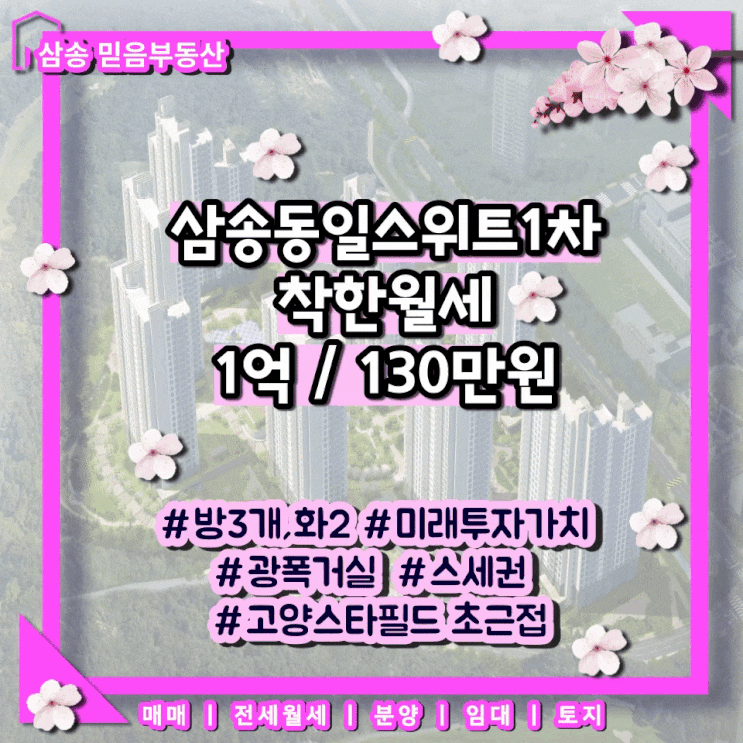  착한월세매물 고양삼송 동일스위트1차 7단지 삼송 믿음 부동산