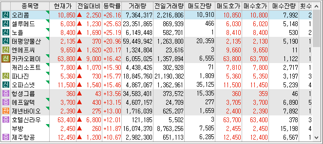 22년 12월 5일 상한가 및 급등주