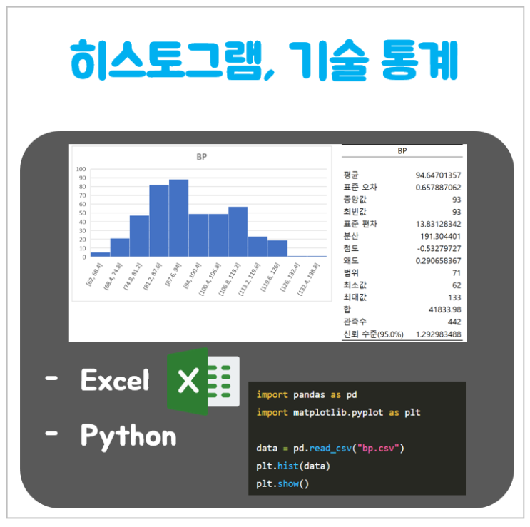 히스토그램, 기술 통계 (엑셀, Python)