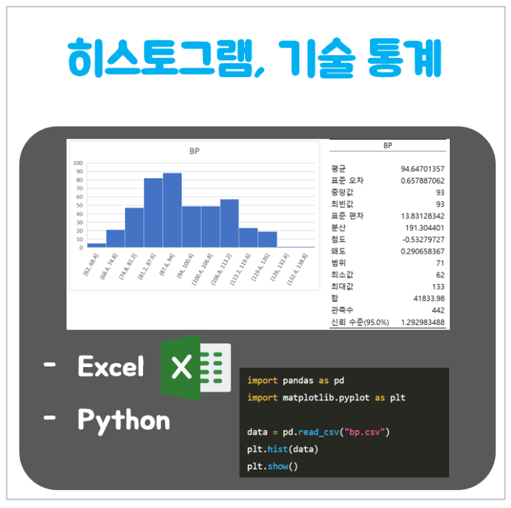  히스토그램, 기술 통계 (엑셀, Python)
