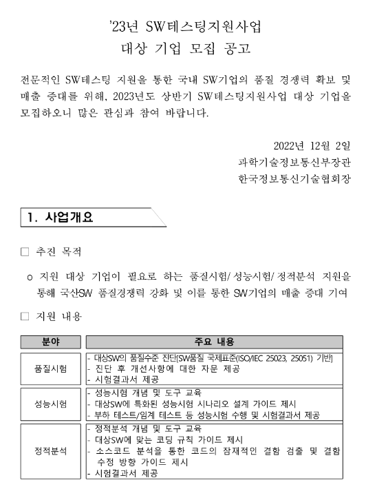 2023년 SW테스팅지원사업 대상 기업 모집 공고 2023년 SW테스팅지원사업 대상 기업 모집 공고