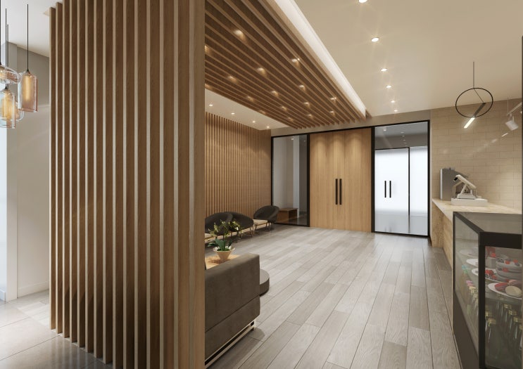  모던 내추럴한 분위기가 고급스러운 카페 인테리어 내부 투시도