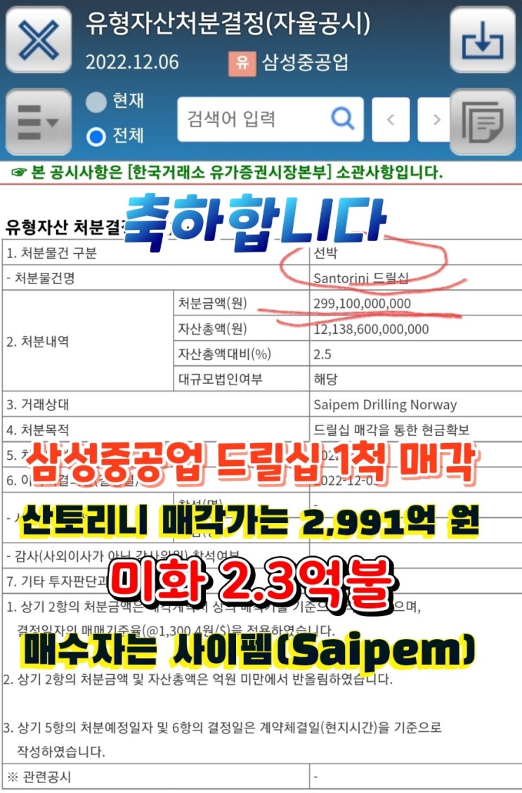 축! 삼성중공업 드릴십 사이펨에 매각 2.3억불, 2,991억 원