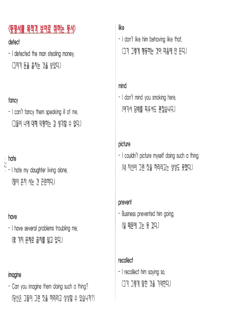  (영어 문장의 구조) 5형식에서 목적격보어(O.C) 자리에 <동명사: ~ing>를 보어로 취하는 동사들' S+V+O+(V+ing)
