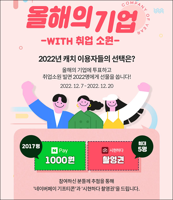 캐치 올해의 기업 투표이벤트(네페 1천원등 2,022명)추첨 캐치 올해의 기업 투표이벤트(네페 1천원등 2,022명)추첨