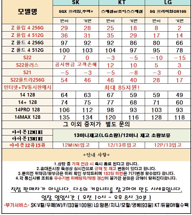 12월 9일 휴대폰 성지 최신 시세표 핸드폰 가격 보기