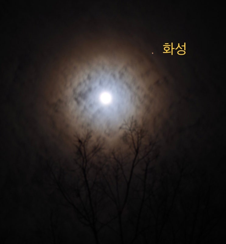  2022년 12월 8일 보름달과 화성 접근 관측:구름이 있어 보름달에도 붉은 화성 관측