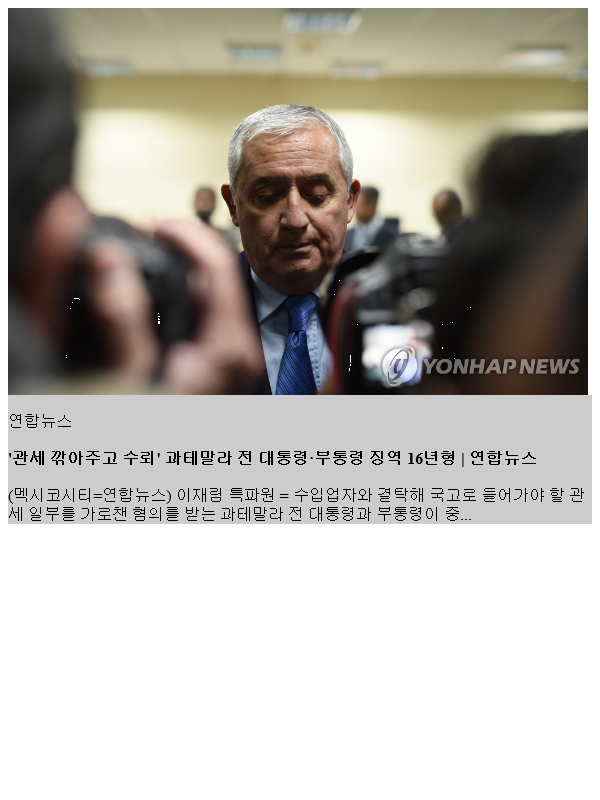 '관세 사기' <b>과테말라</b> 전 <b>대통령</b>·부통령에 징역 16년형 선고