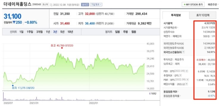  더네이쳐홀딩스 적정주가, 52주 최고가 38,400원(하락-19%)