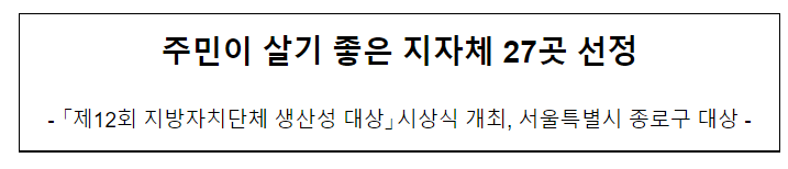 제12회 지방자치단체 생산성 대상 시상식 개최, 서울특별시 종로구 대상(주민이 살기 좋은 지자체 27곳 선정)