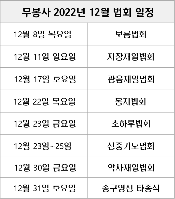  [무봉사] 2022년 12월 법회 일정 안내