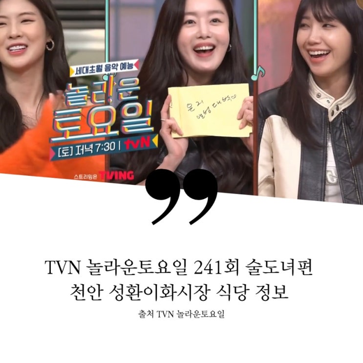  놀라운토요일 놀토 술도녀 천안 성환이화시장 식당 정보 성환시장 직접만든순대 순대국밥 돼지뼈 순대국 숙취 배에이드 민물새우칼국수 민물새우얼큰칼국수 한우양념갈비 매라미수 쑥무화과파운드