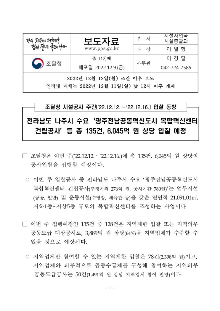 시설공사 주간(’22.12.12.~’22.12.16.) 입찰 동향(조달청) 시설공사 주간(’22.12.12.~’22.12.16.) 입찰 동향(조달청)