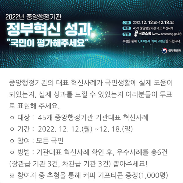 행안부 2022년 정부혁신평가 투표이벤트(커피 1,000명)추첨 행안부 2022년 정부혁신평가 투표이벤트(커피 1,000명)추첨