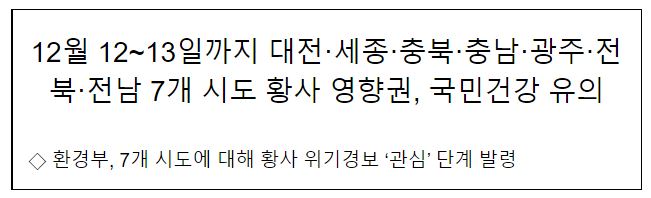 12월 12~13일까지 대전·세종·충북·충남·광주·전북·전남 7개 시도 황사 영향권, 국민건강 유의 12월 12~13일까지 대전·세종·충북·충남·광주·전북·전남 7개 시도 황사 영향권, 국민건강 유의