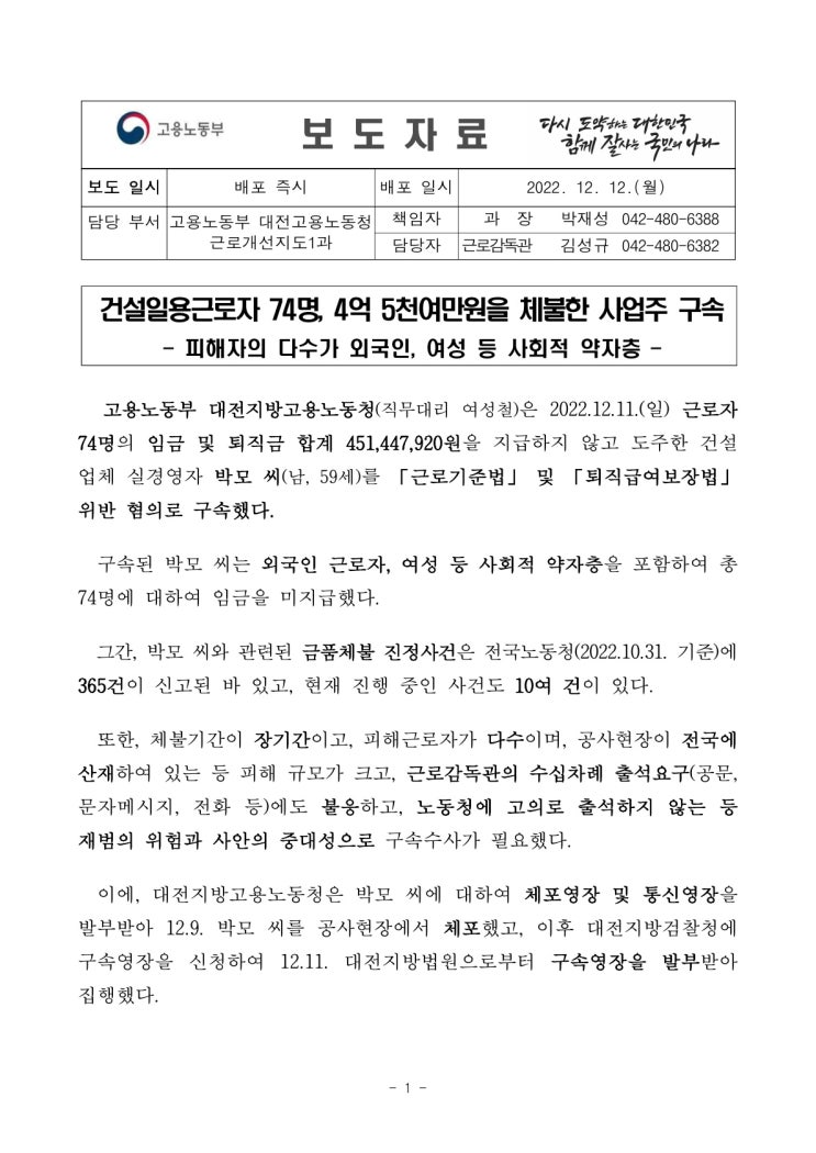 건설일용근로자 74명, 4억 5천여만원을 체불한 사업주 구속(고용노동부) 건설일용근로자 74명, 4억 5천여만원을 체불한 사업주 구속(고용노동부)