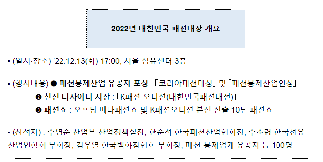 2022년 대한민국 패션대상 개최(패션산업 발전에 기여한 유공자 포상과 신진 디자이너 오디션 시상) 2022년 대한민국 패션대상 개최(패션산업 발전에 기여한 유공자 포상과 신진 디자이너 오디션 시상)