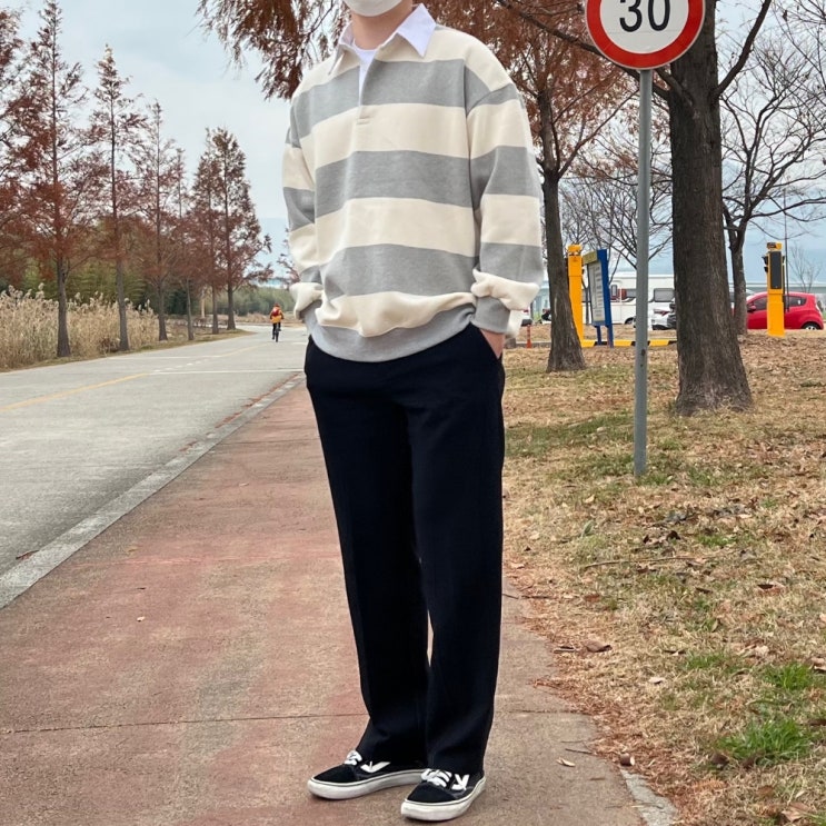  스트라이프 럭비티 럭비셔츠 오버핏 커플 기모 맨투맨 남자 코디