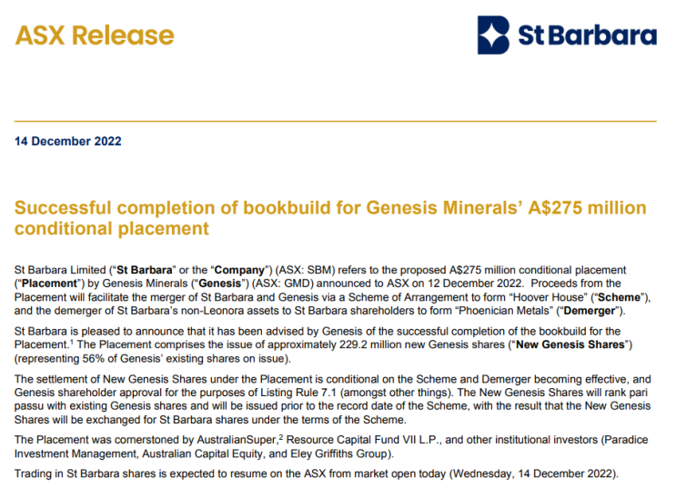  호주 금광 회사 St Barbara, Genesis Minerals과 합병