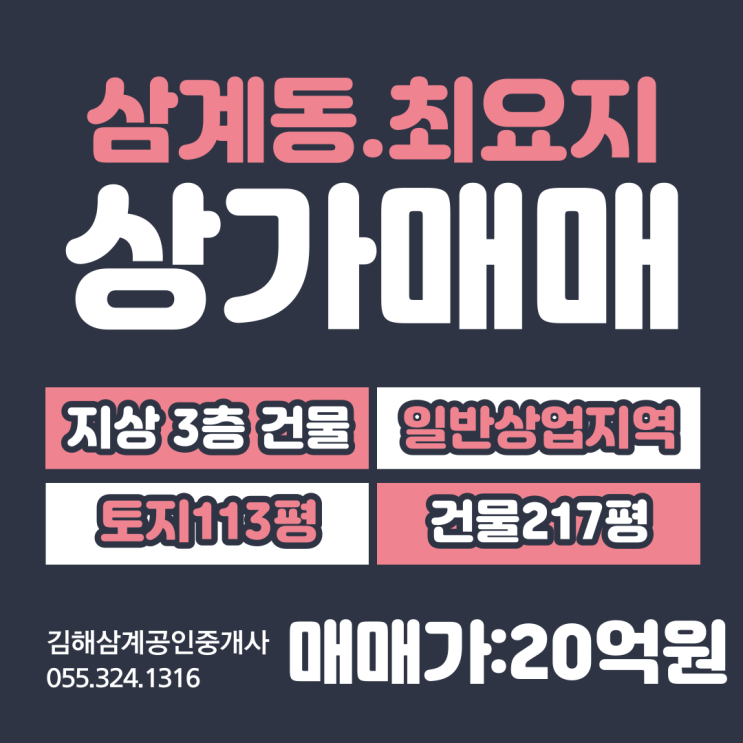  김해 상가 건물 삼계동 일반상업지역 상권 최요지 3층 합법건물 통매매 토지113평+건물217평