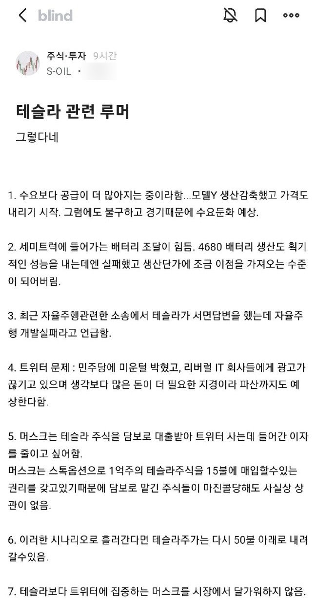 테슬라(TESLA/TSLA) No.1 매수! 손절·악재뉴스·루머·블라인드·커뮤니티반응·오픈채팅방·유튜버 근황 : 네이버 블로그