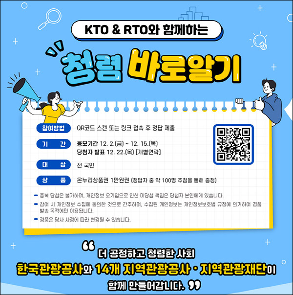 KTO & RTO 청렴 바로알기 퀴즈이벤트(상품권 1만원 100명)추첨,간단 KTO & RTO 청렴 바로알기 퀴즈이벤트(상품권 1만원 100명)추첨,간단
