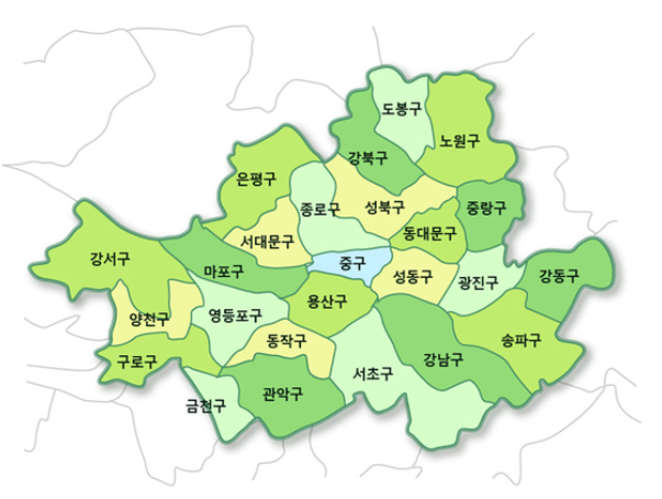 서울시 구별 면적 순위  ... 서초구 1위, 중구 꼴지.
