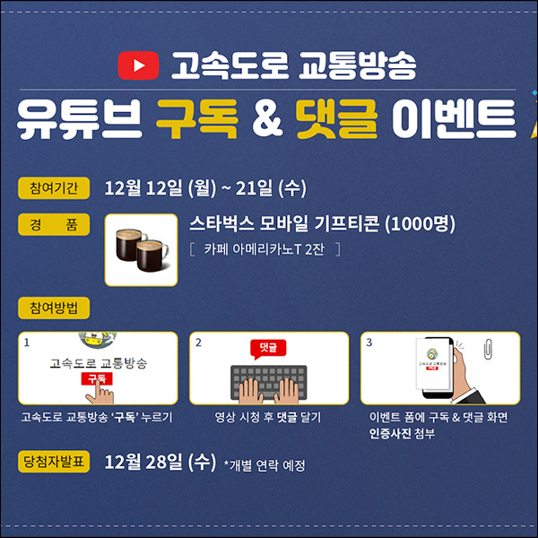 고속도로 교통방송 유튜브 이벤트(스벅2잔 1,000명)추첨 고속도로 교통방송 유튜브 이벤트(스벅2잔 1,000명)추첨
