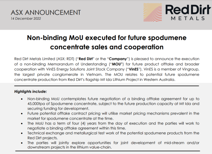 호주 리튬 탐사 회사 RED DIRT METALS, 베트남 기업 VinEs와 Offtake 및 협력을 위한 MOU 체결(Non-Binding)