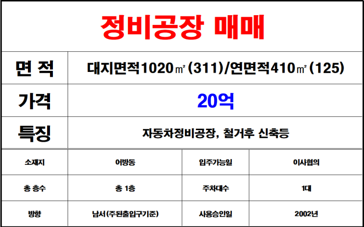  김해어방동정비공장매매,철거후신축사용